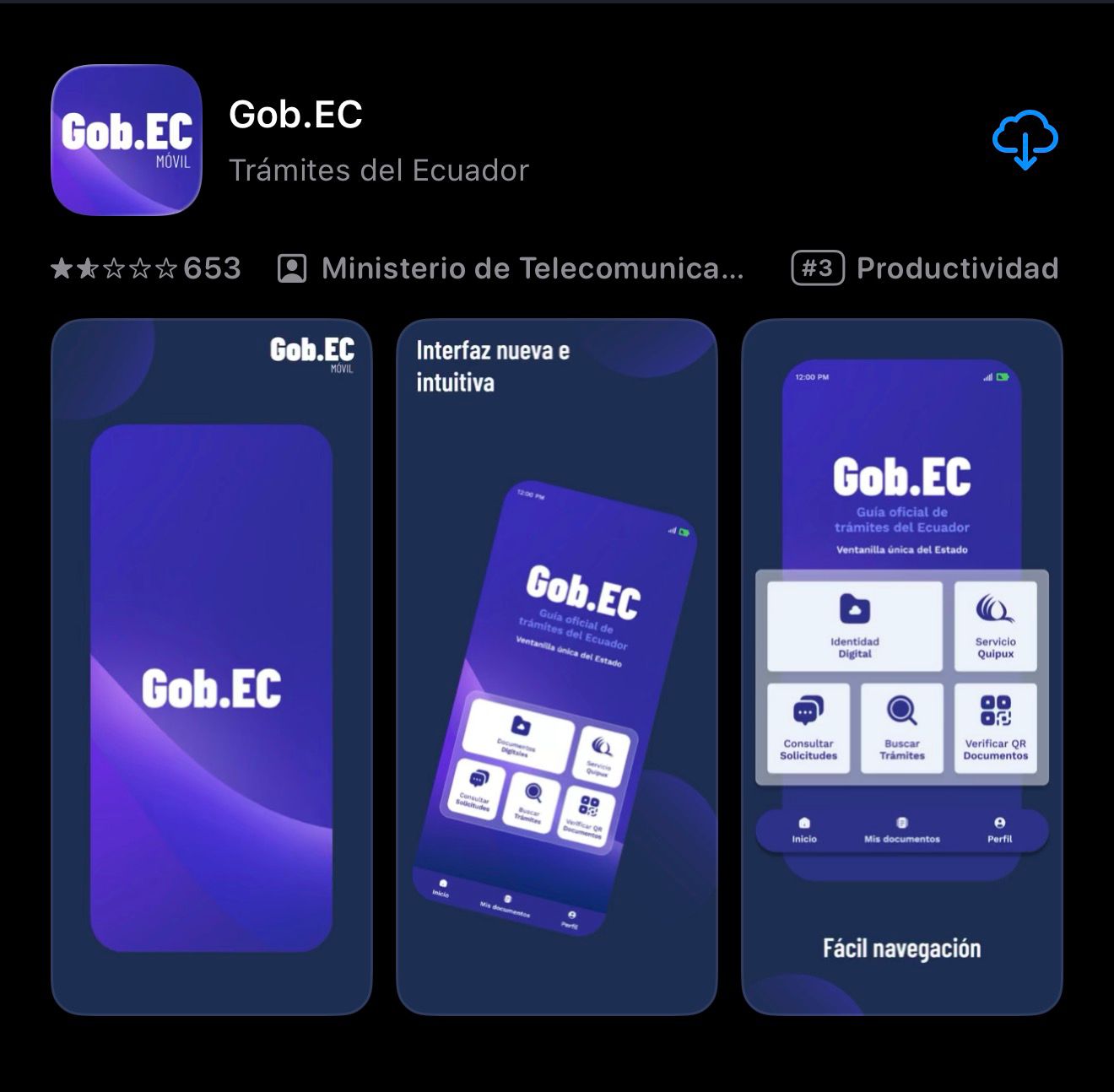 Pantalla de descarga de la aplicación Gob.ec